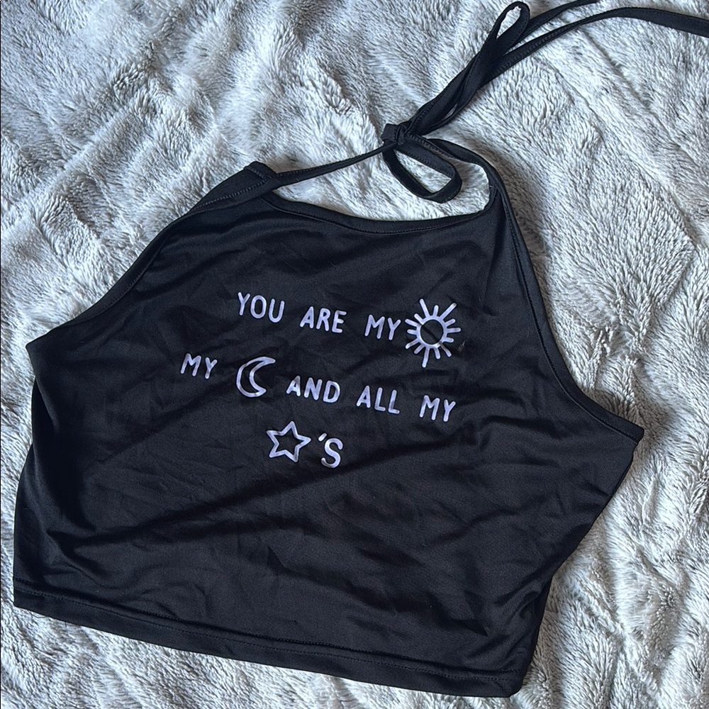 Black Halter Top with White Embroidery